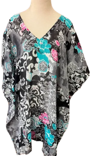 Black with White, Blue and Pink flowers Kaftan