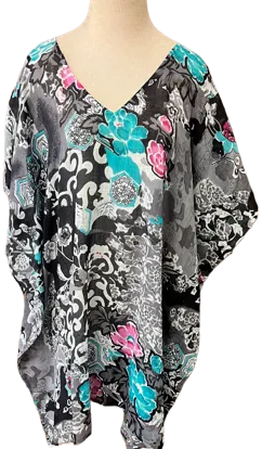 Black with White, Blue and Pink flowers Kaftan