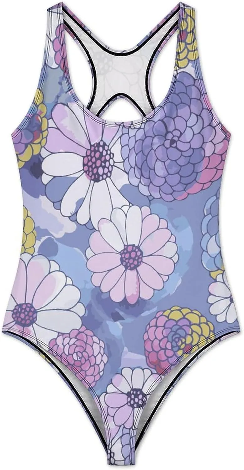 Blooming Flower Womens' 1 Piece Swimwear Strappy Scoop Neck Aesthetic Tummy Control Swimsuits
