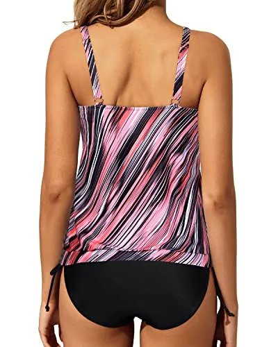 Blouson Tummy Control Two Piece Swimsuits For Women-Pink Stripe