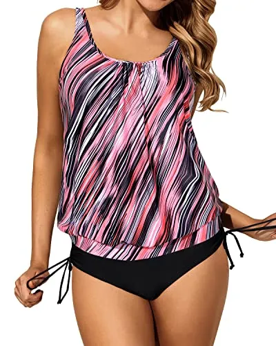 Blouson Tummy Control Two Piece Swimsuits For Women-Pink Stripe