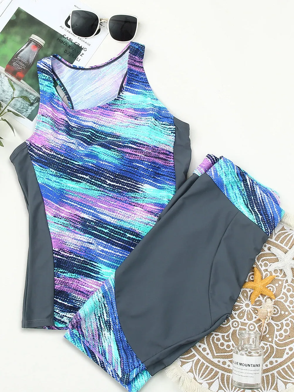 Blue Color Block Tankinis Swimsuit Set