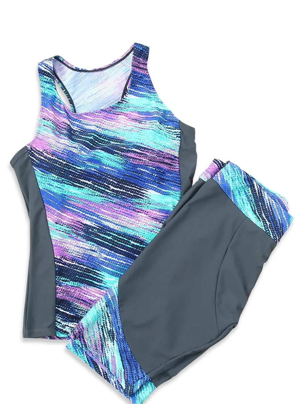 Blue Color Block Tankinis Swimsuit Set