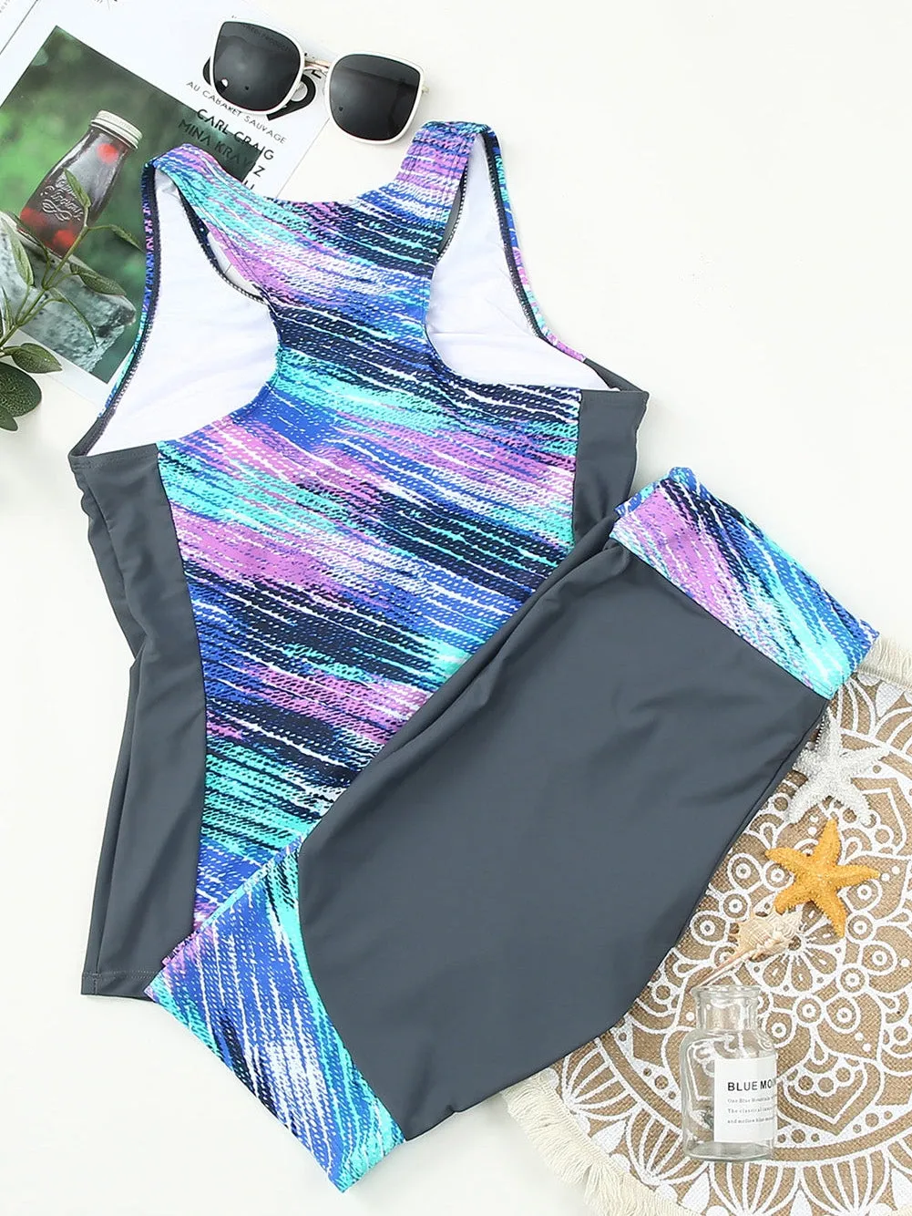 Blue Color Block Tankinis Swimsuit Set