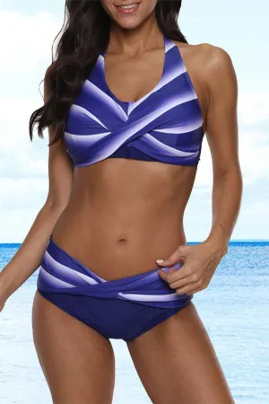 Blue Gradient Halter Collar Bikini Swimwear