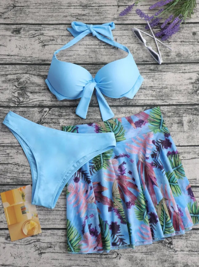 Blue Knot Push Up Bikini Swimsuit & Plant Print Beach Skirt