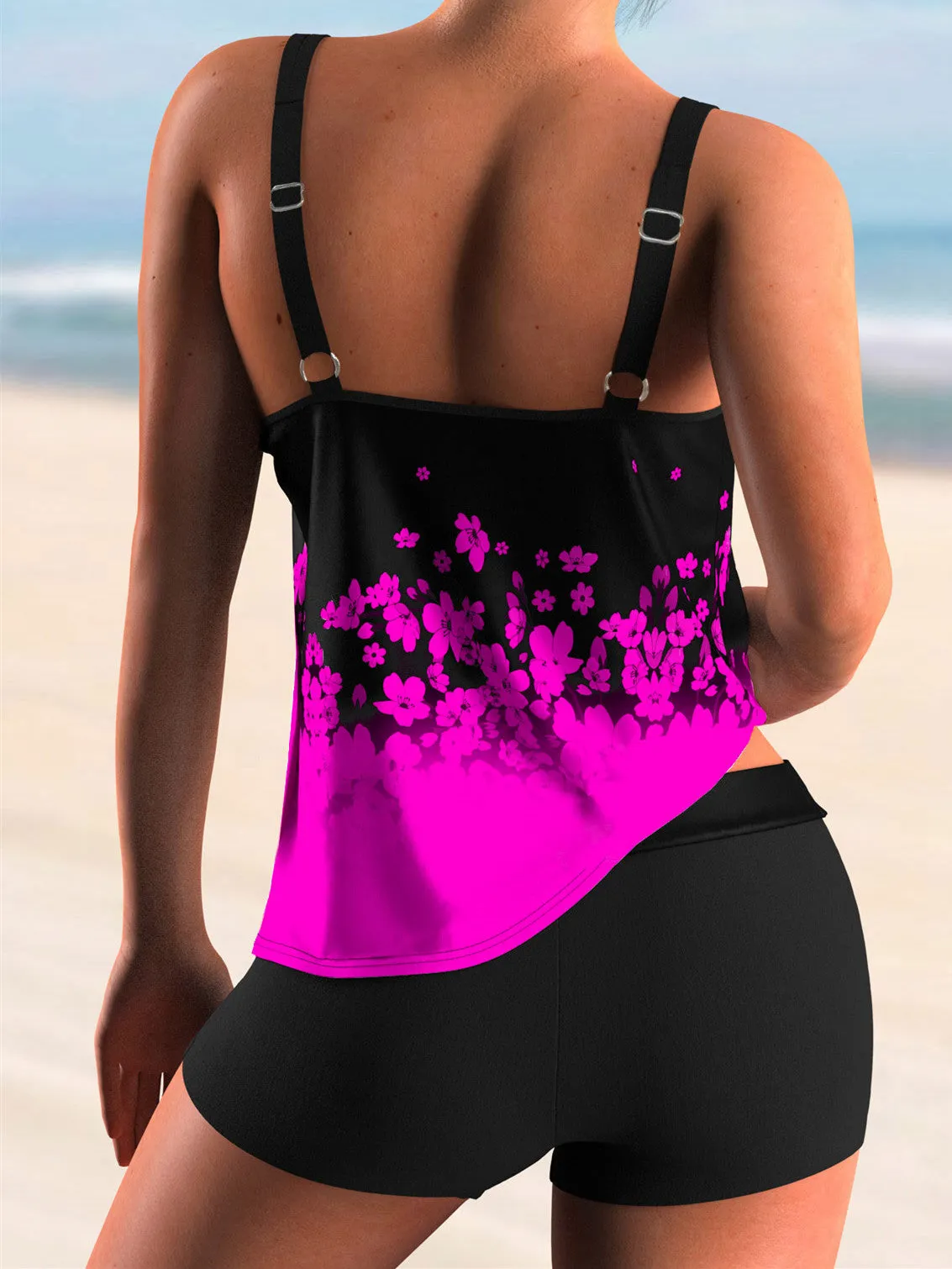 Blue Ombre Floral Print Tankini Set