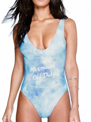 Blue One-piece Letter printing swimsuit