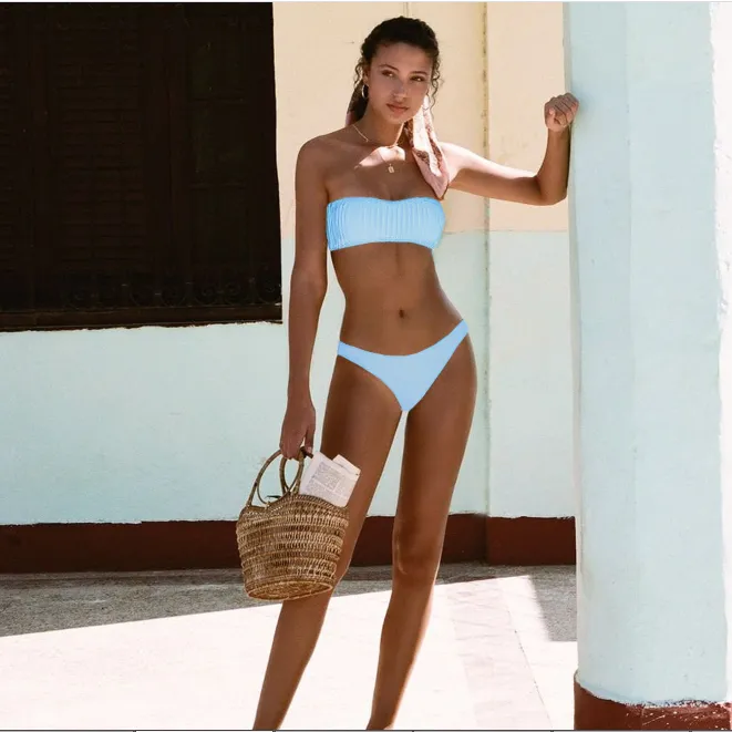 Blue Smocked Mid Rise Thong Bottom Tube Bikinis