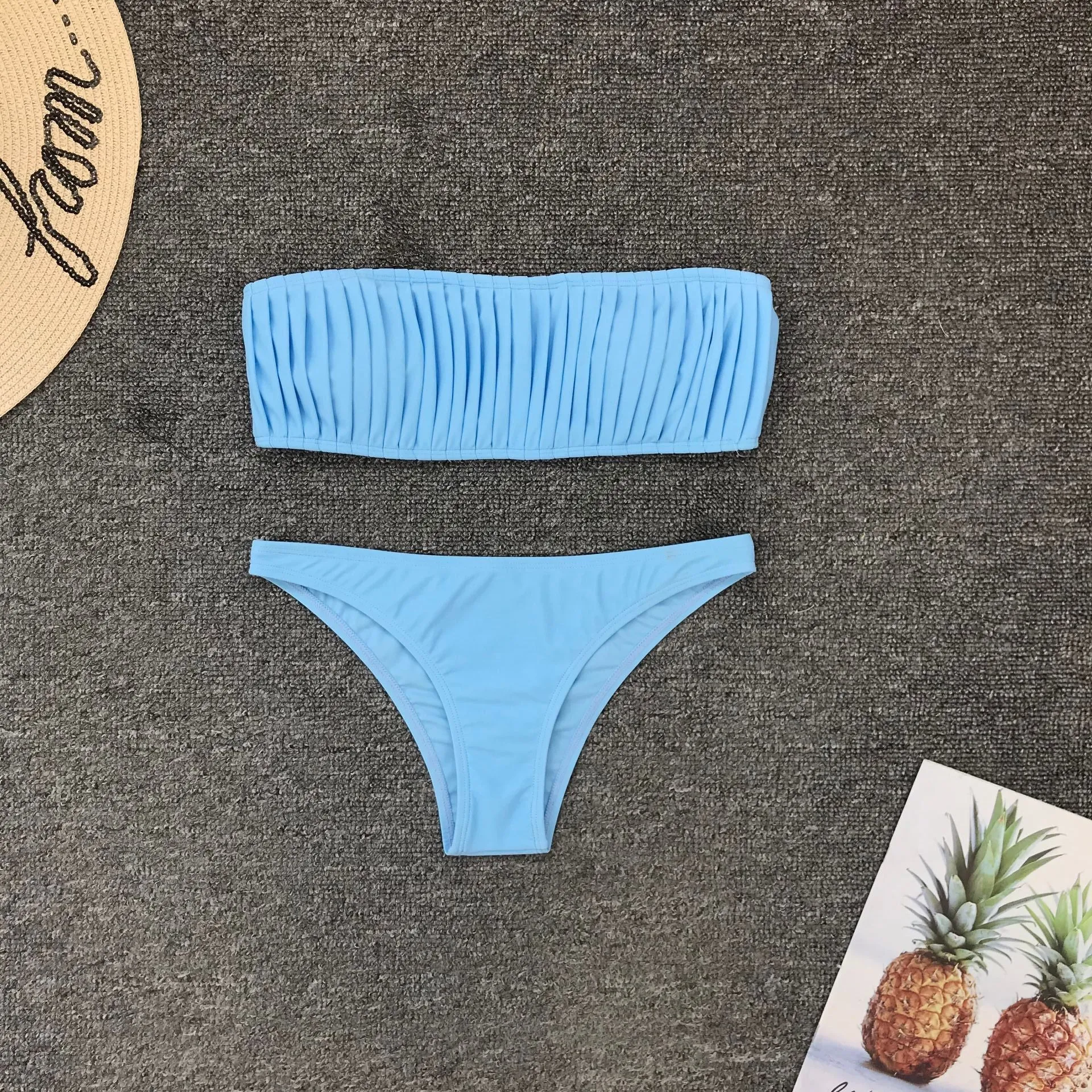 Blue Smocked Mid Rise Thong Bottom Tube Bikinis