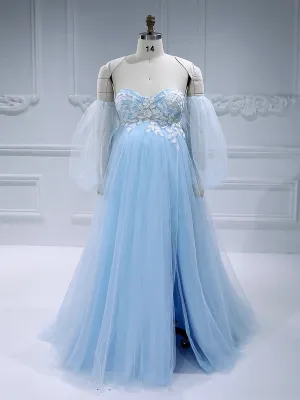 Blue Tulle Maternity Dress for Photo Shoot with Detachable Sleeves Pregnancy Wedding Dress #17957-1