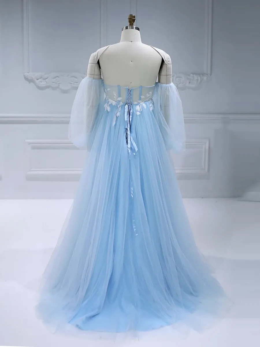 Blue Tulle Maternity Dress for Photo Shoot with Detachable Sleeves Pregnancy Wedding Dress #17957-1