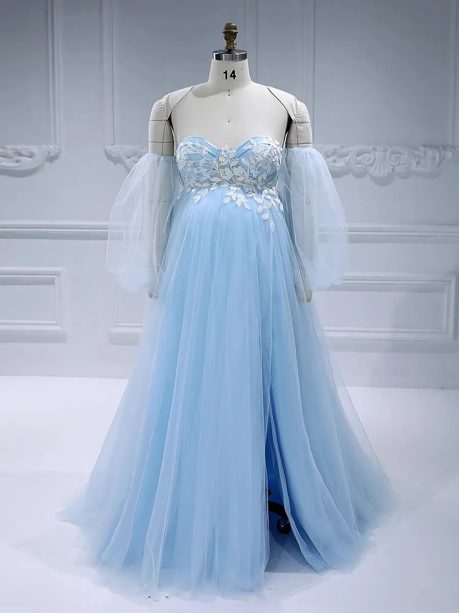 Blue Tulle Maternity Dress for Photo Shoot with Detachable Sleeves Pregnancy Wedding Dress #17957-1