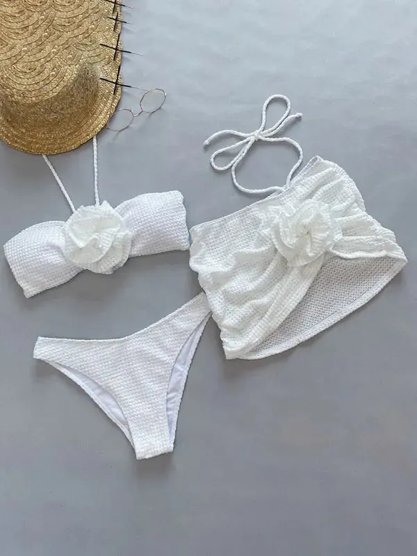 Blue Zone Planet |  Ava's Three-Piece Flower Accent Split Bikini Set