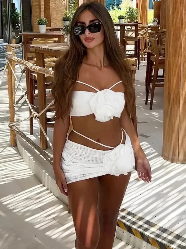 Blue Zone Planet |  Ava's Three-Piece Flower Accent Split Bikini Set
