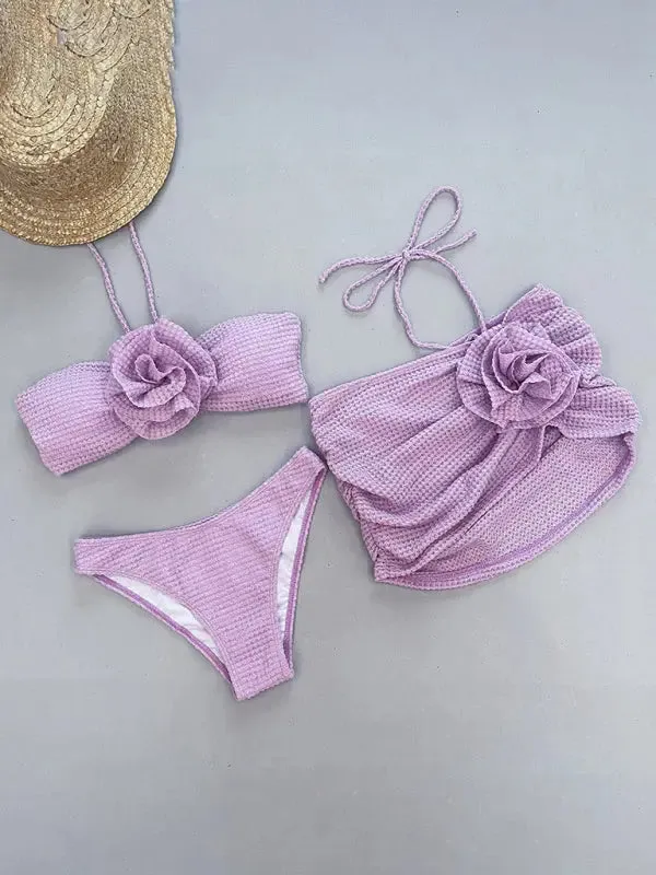 Blue Zone Planet |  Ava's Three-Piece Flower Accent Split Bikini Set