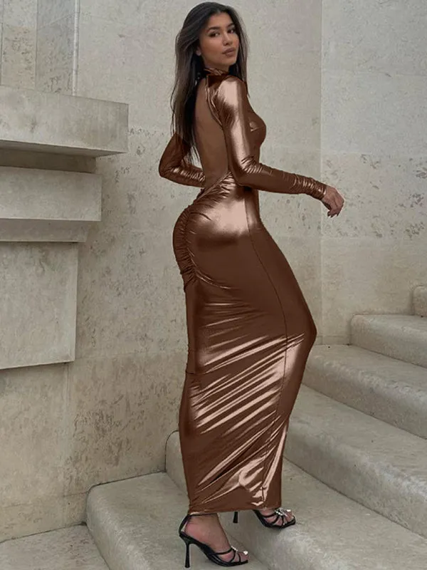 Blue Zone Planet |  Elara Backless pleated glossy metallic maxi dress
