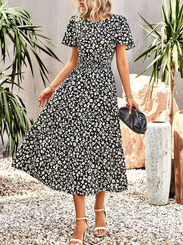 Blue Zone Planet |  Floral Dress 2023 Summer Temperament Elegant Waist Short Sleeve Long Dress