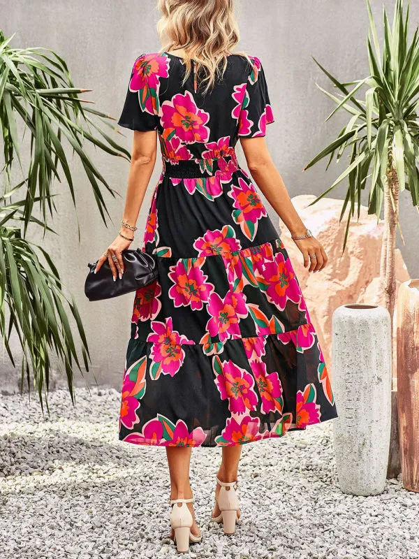 Blue Zone Planet |  Floral Dress 2023 Summer Temperament Elegant Waist Short Sleeve Long Dress