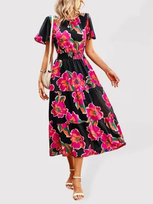 Blue Zone Planet |  Floral Dress 2023 Summer Temperament Elegant Waist Short Sleeve Long Dress