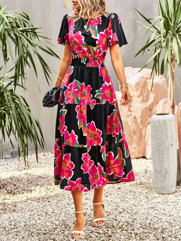 Blue Zone Planet |  Floral Dress 2023 Summer Temperament Elegant Waist Short Sleeve Long Dress