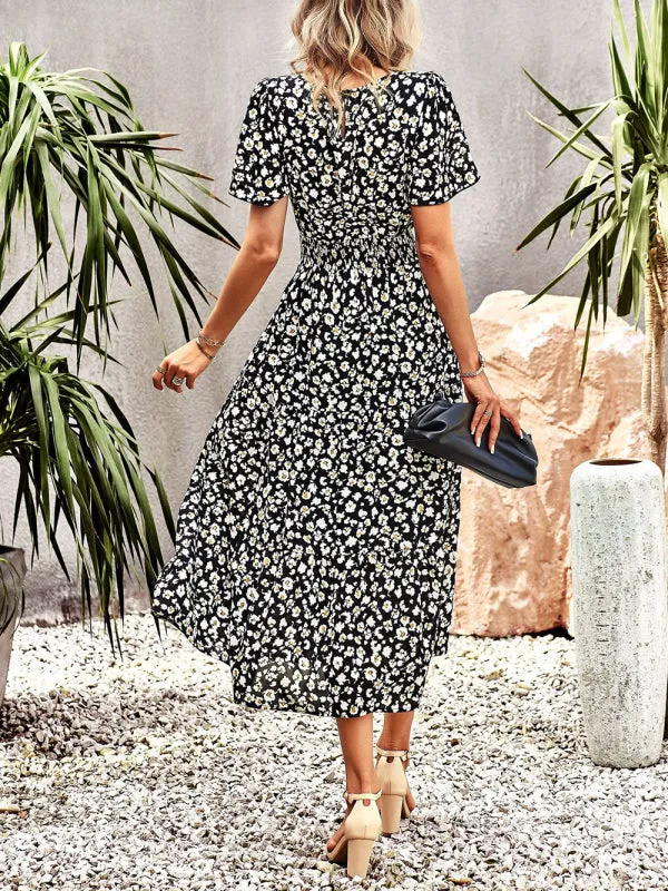 Blue Zone Planet |  Floral Dress 2023 Summer Temperament Elegant Waist Short Sleeve Long Dress