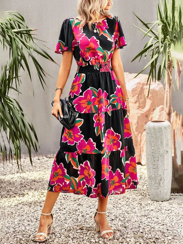 Blue Zone Planet |  Floral Dress 2023 Summer Temperament Elegant Waist Short Sleeve Long Dress