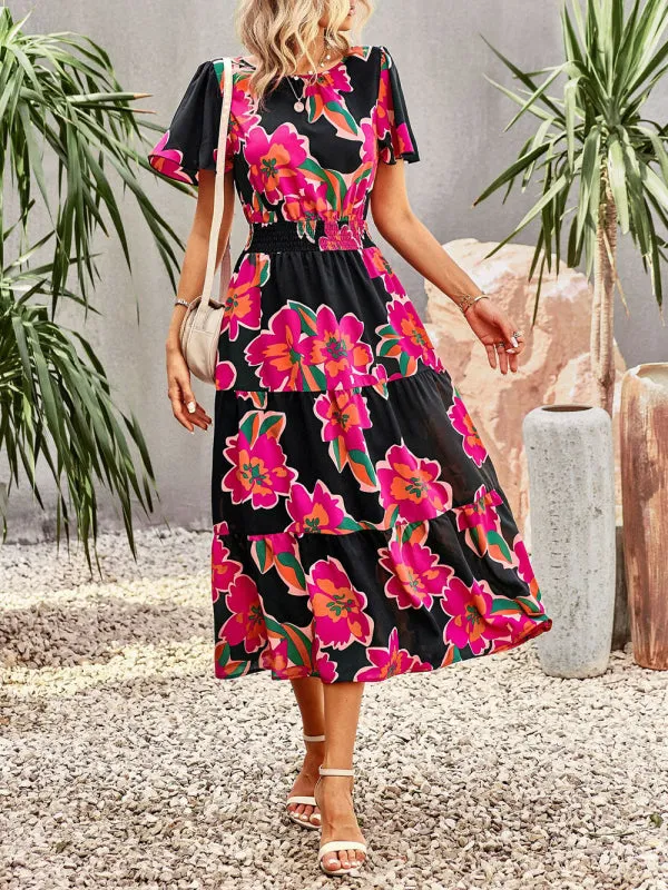 Blue Zone Planet |  Floral Dress 2023 Summer Temperament Elegant Waist Short Sleeve Long Dress