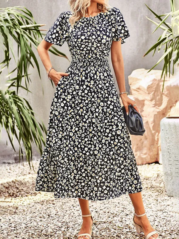 Blue Zone Planet |  Floral Dress 2023 Summer Temperament Elegant Waist Short Sleeve Long Dress