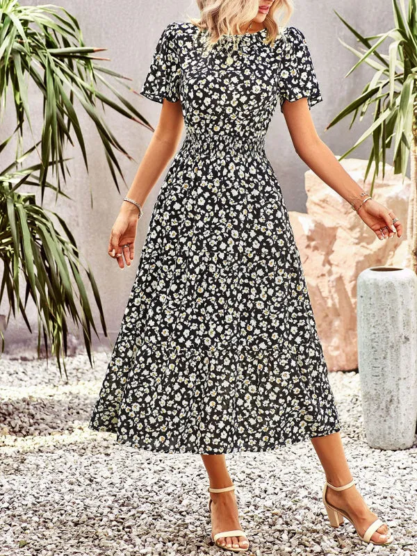 Blue Zone Planet |  Floral Dress 2023 Summer Temperament Elegant Waist Short Sleeve Long Dress