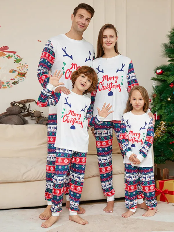 Blue Zone Planet |  New Christmas Cartoon Letters Home Clothes Deer Antler Print Parent-Child Pajamas Set