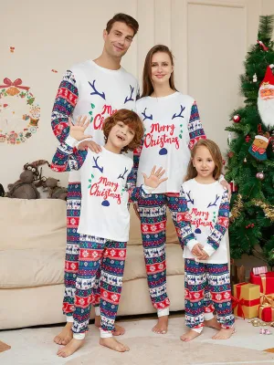Blue Zone Planet |  New Christmas Cartoon Letters Home Clothes Deer Antler Print Parent-Child Pajamas Set