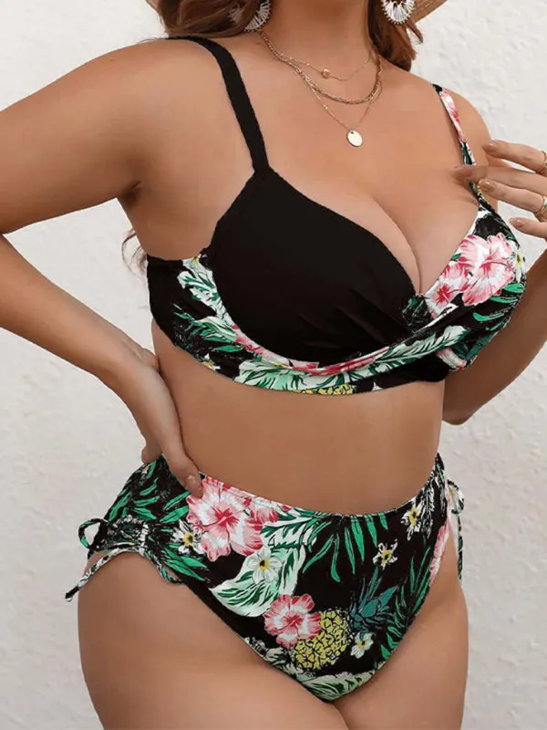Blue Zone Planet |  plus size drawstring floral tankini