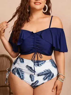 Blue Zone Planet |  Plus Size Women-Drawstring Ruffle Bikini One Shoulder Strap High Waist Swimsuit Set