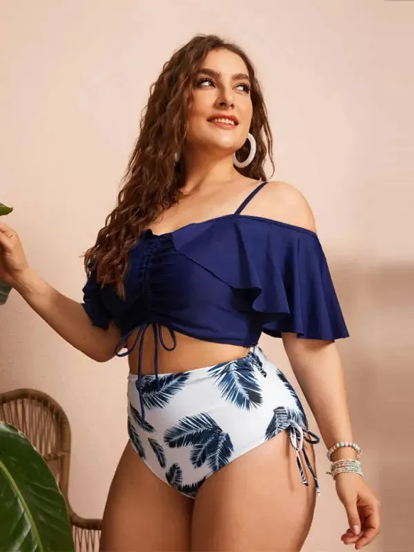 Blue Zone Planet |  Plus Size Women-Drawstring Ruffle Bikini One Shoulder Strap High Waist Swimsuit Set