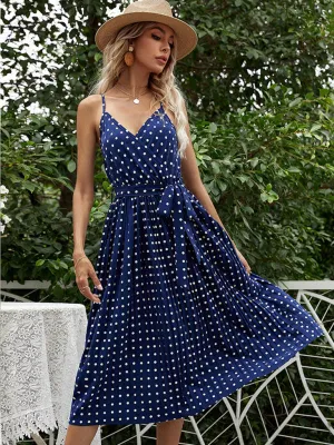 Blue Zone Planet |  polka-dot slip dress mid-length lace-up pleated dress