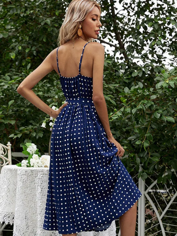 Blue Zone Planet |  polka-dot slip dress mid-length lace-up pleated dress