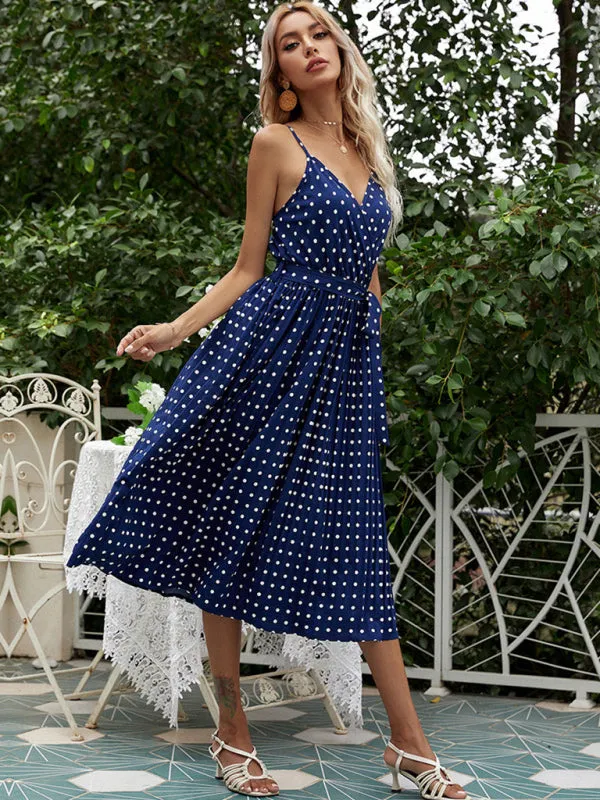 Blue Zone Planet |  polka-dot slip dress mid-length lace-up pleated dress