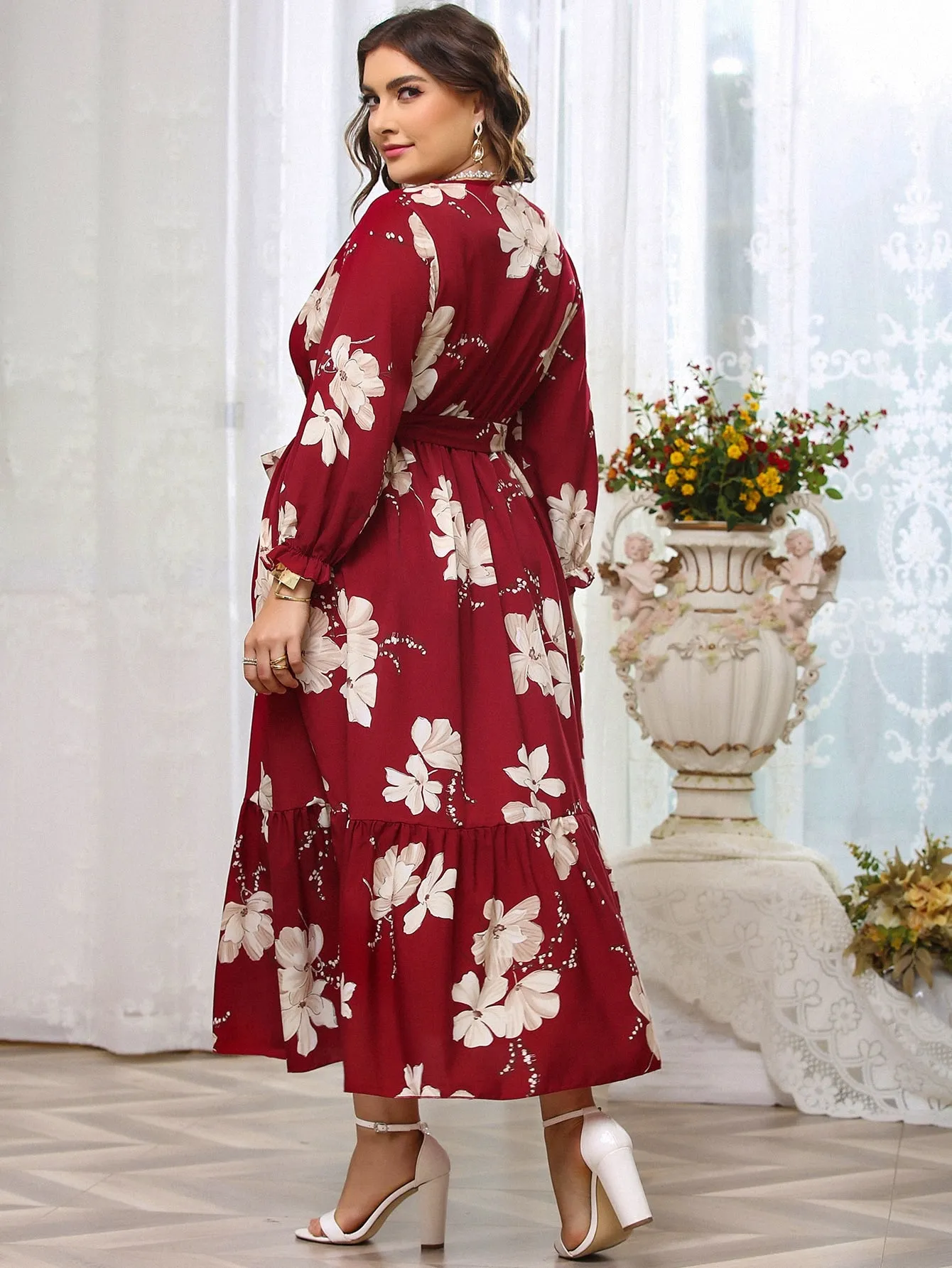 Boho All Over Print Wrap Long Sleeve V Neck Flounce High Waist Long Plus Size Dress