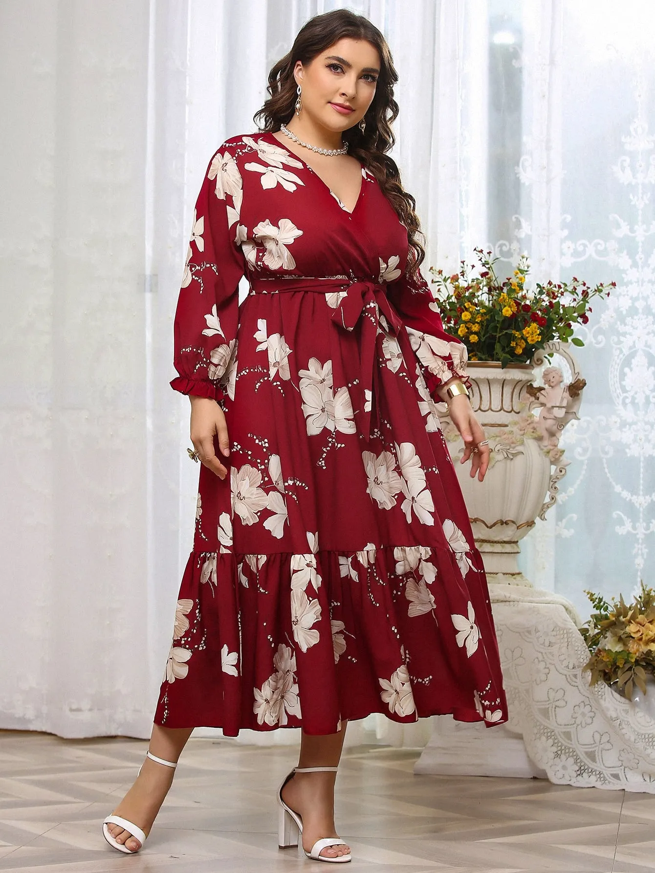 Boho All Over Print Wrap Long Sleeve V Neck Flounce High Waist Long Plus Size Dress