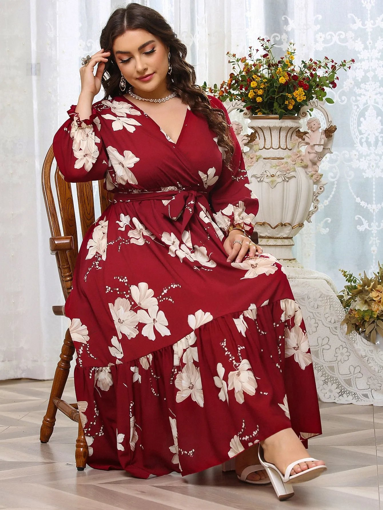 Boho All Over Print Wrap Long Sleeve V Neck Flounce High Waist Long Plus Size Dress