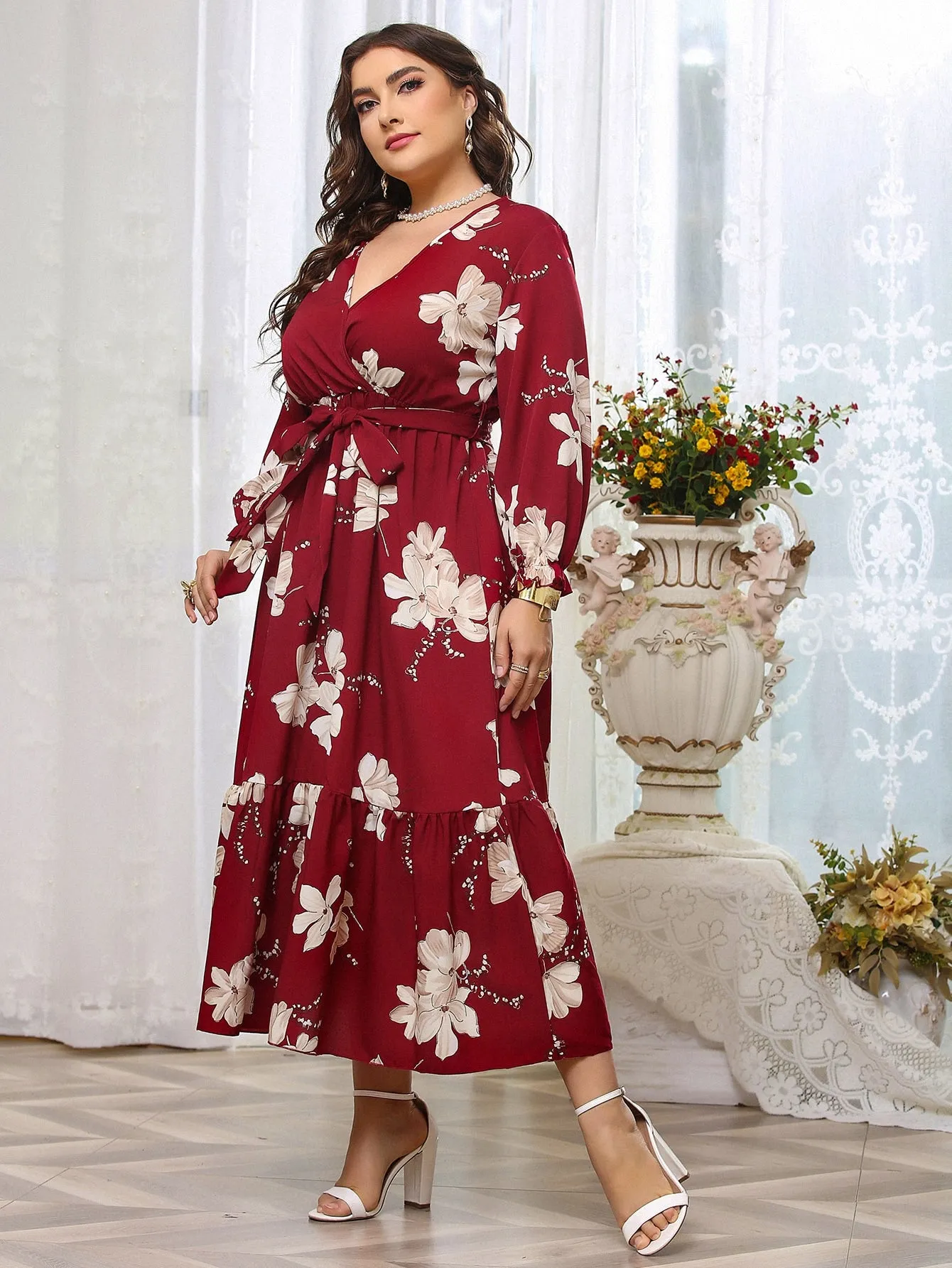 Boho All Over Print Wrap Long Sleeve V Neck Flounce High Waist Long Plus Size Dress