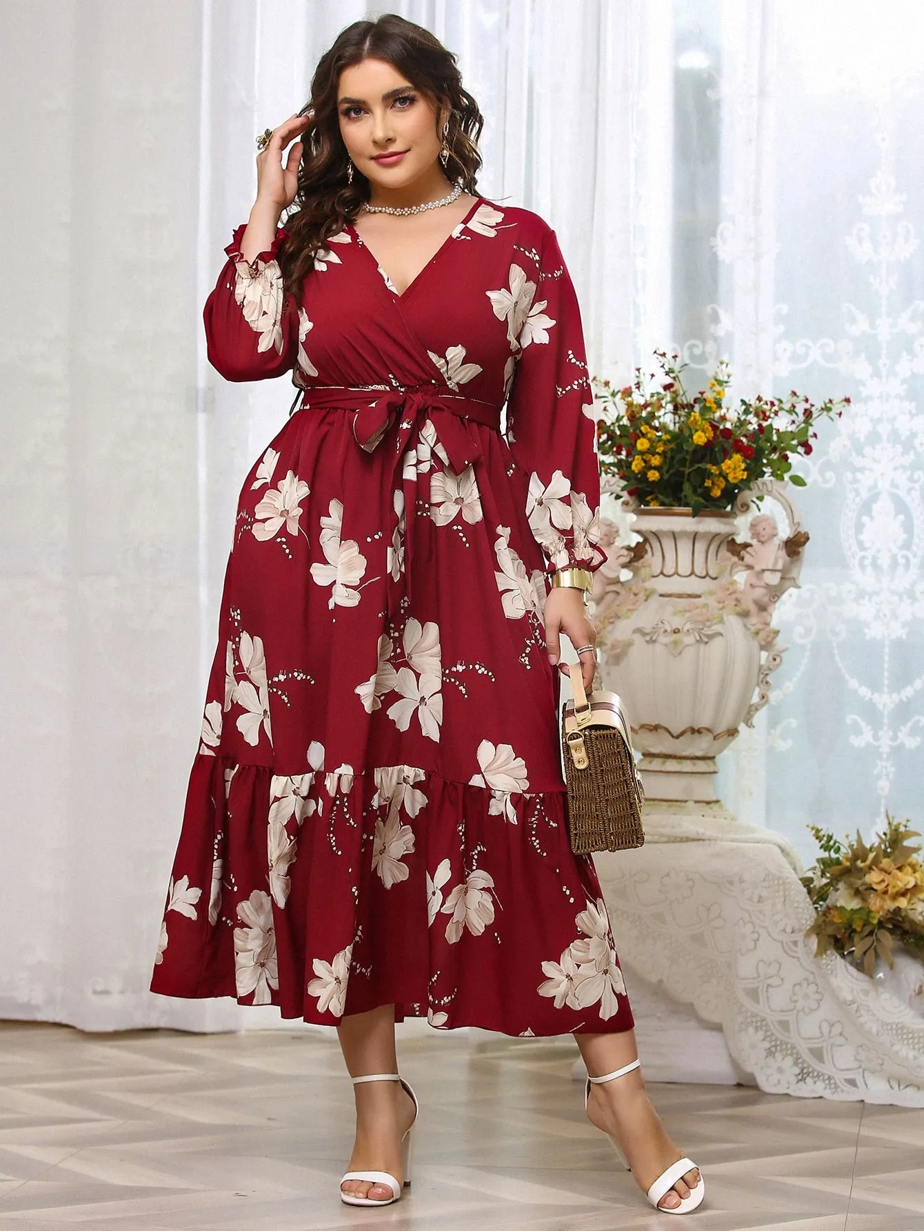 Boho All Over Print Wrap Long Sleeve V Neck Flounce High Waist Long Plus Size Dress