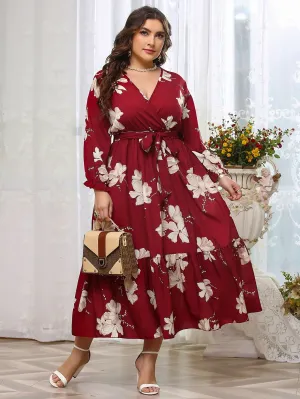 Boho All Over Print Wrap Long Sleeve V Neck Flounce High Waist Long Plus Size Dress