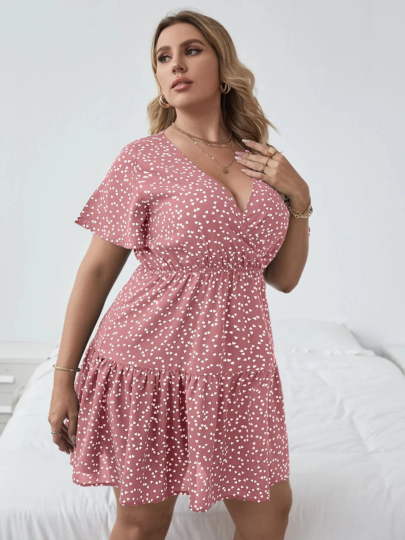 Boho All Over Print Wrap Short Sleeve V Neck High Waist Short Plus Size Dress