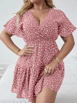 Boho All Over Print Wrap Short Sleeve V Neck High Waist Short Plus Size Dress
