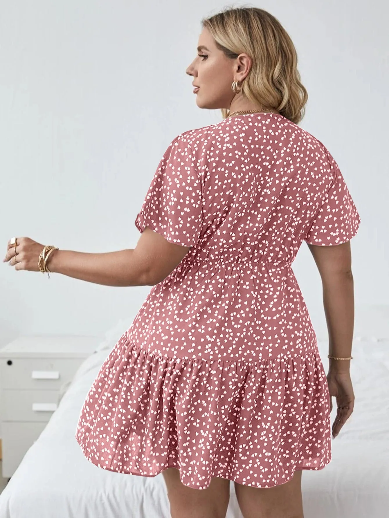Boho All Over Print Wrap Short Sleeve V Neck High Waist Short Plus Size Dress