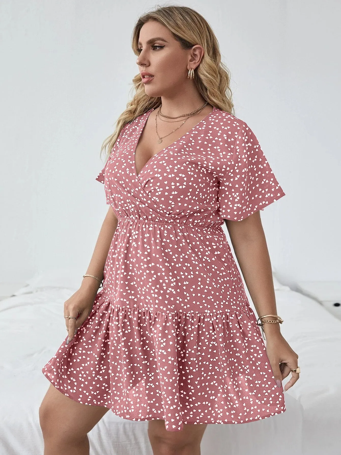 Boho All Over Print Wrap Short Sleeve V Neck High Waist Short Plus Size Dress