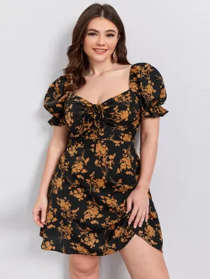Boho All Over Print Zipper Short Sleeve Sweetheart Flared High Waist Short Plus Dress