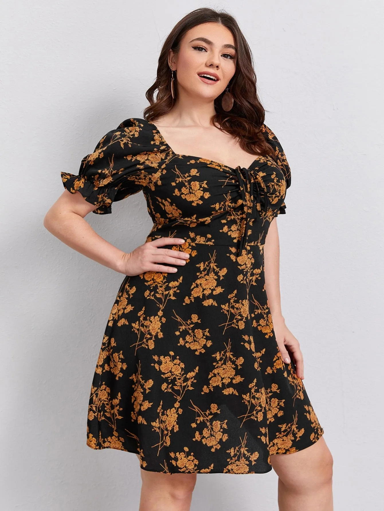 Boho All Over Print Zipper Short Sleeve Sweetheart Flared High Waist Short Plus Dress